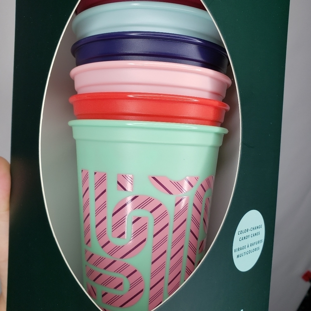 NEW Starbucks Color Changing Reusable Hot Cups 6pc Holiday Candy Cane Lids NIB